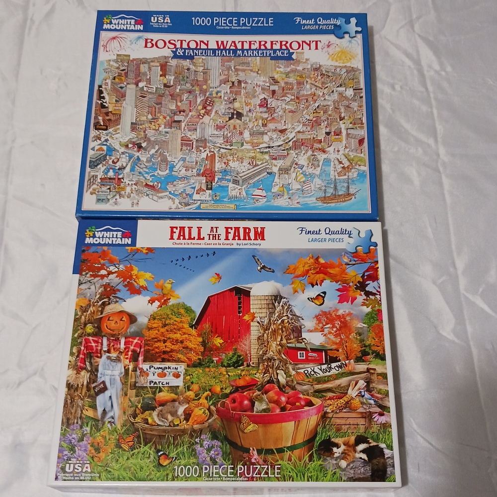 2 White Mountain 1000 Piece Puzzles Boston Waterfront Fall At The Farm 100% Comp
